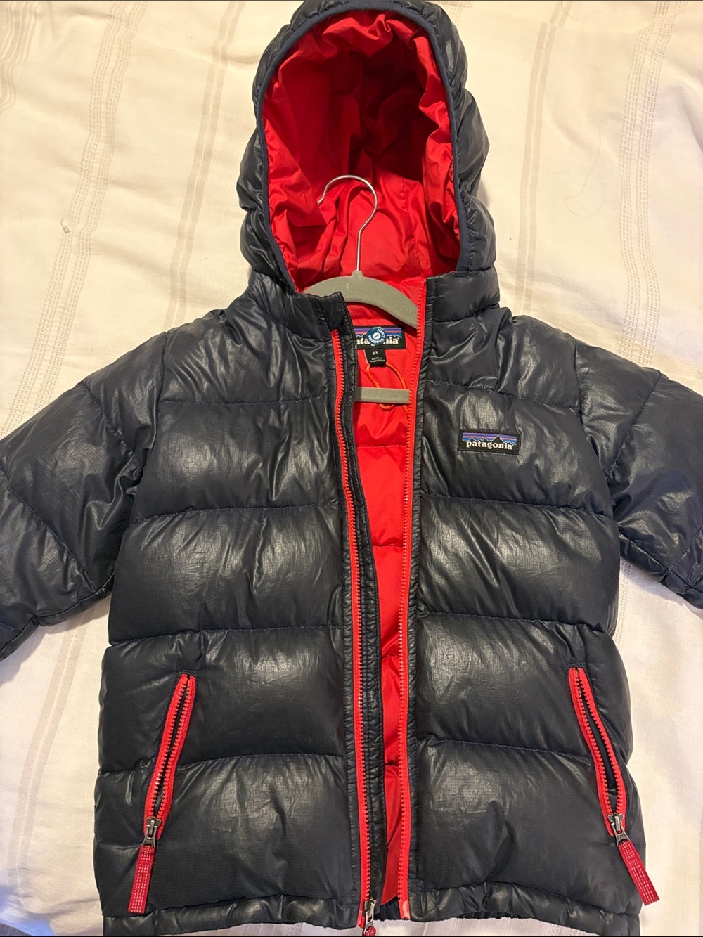 Patagonia Navy Puffer Jacket with Red Interior